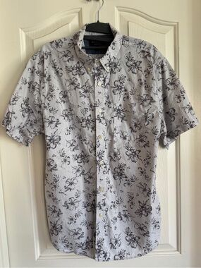 Banana Republic Gray Short Sleeve Floral Button-Down Shirt Size Large Slim Fit